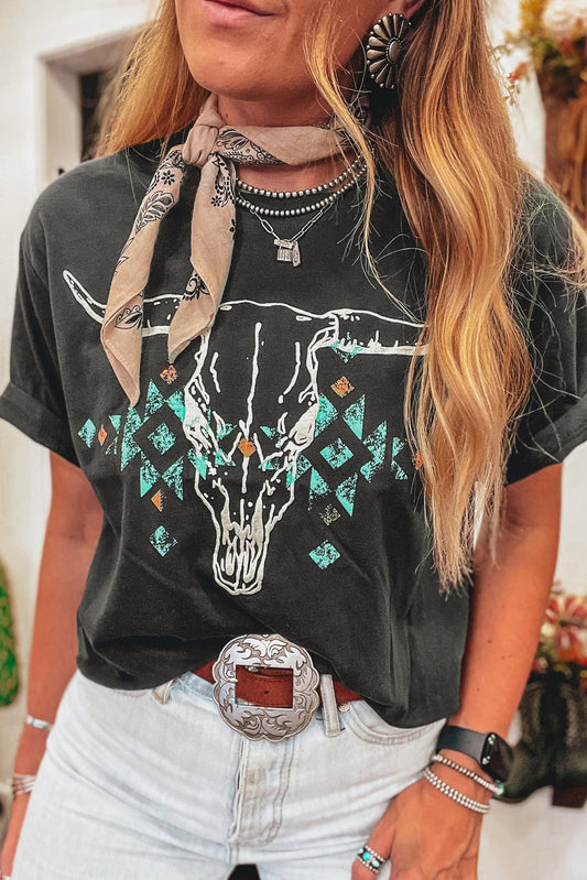 Vintage Western Skull Aztec Graphic T Shirt