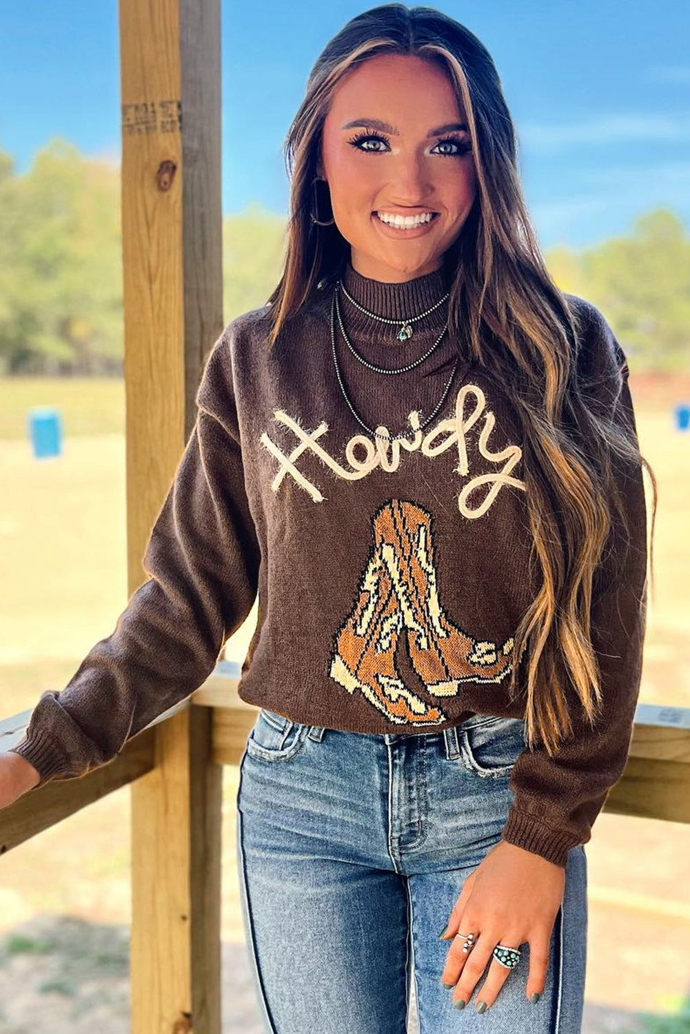 Western Howdy Boot Sweater- coffee