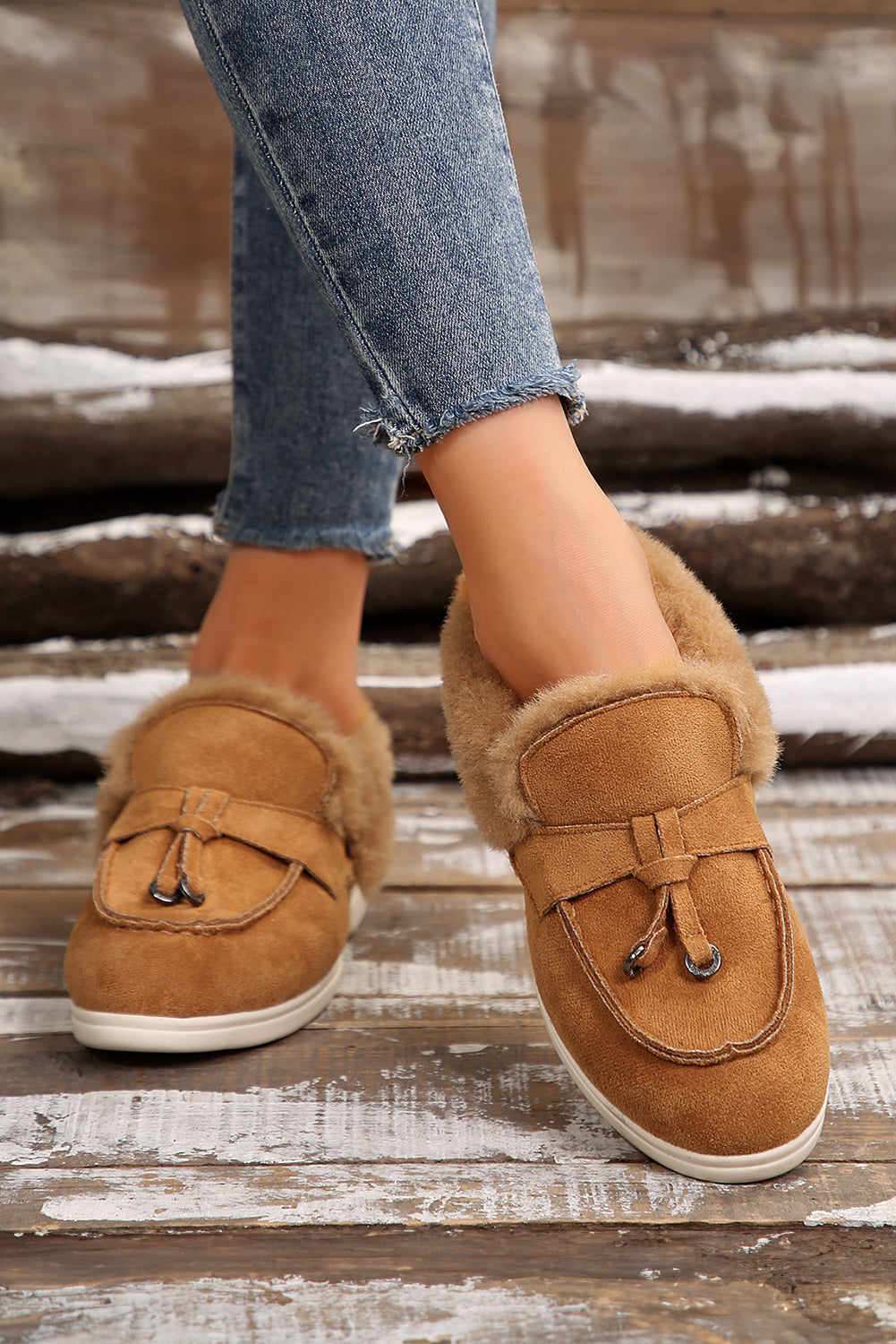 Chestnut Suede Furry Lined Slip On Flat Shoes