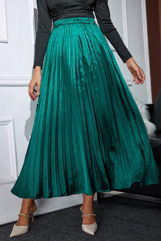 Dark Green Satin Pleated Maxi Skirt