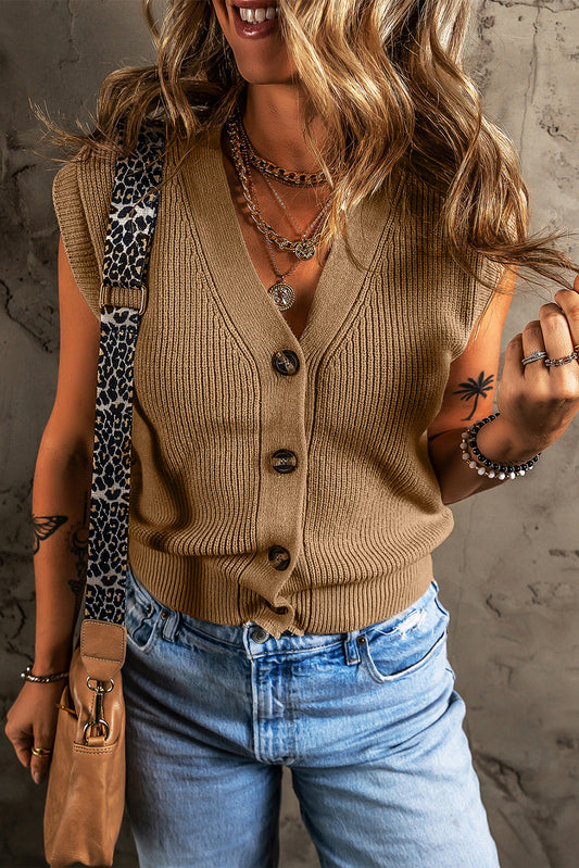 Parchment V Neck Button Up Sweater Vest