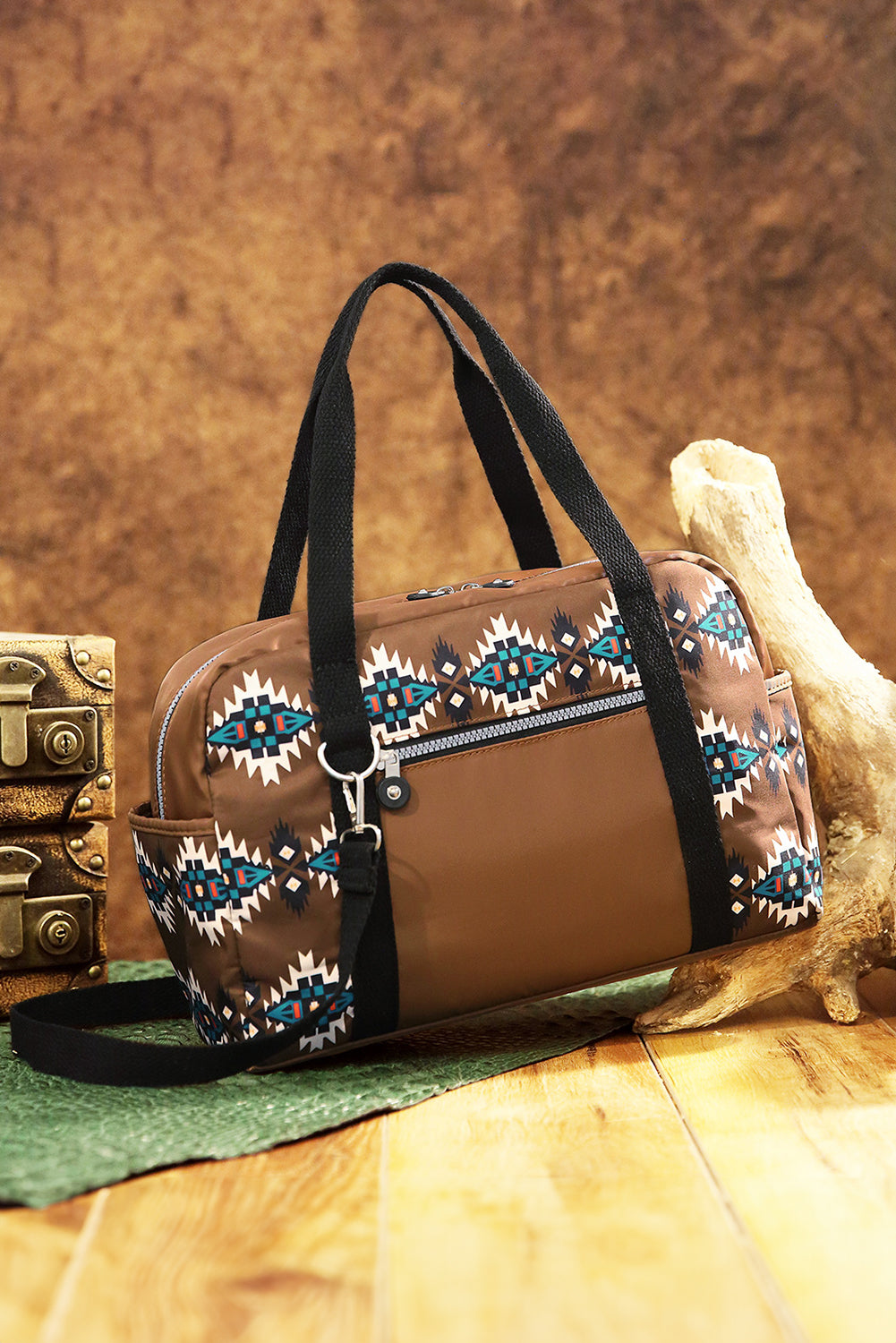 Coffee Geometric Print PU Leather Large Travel Duffel Bag