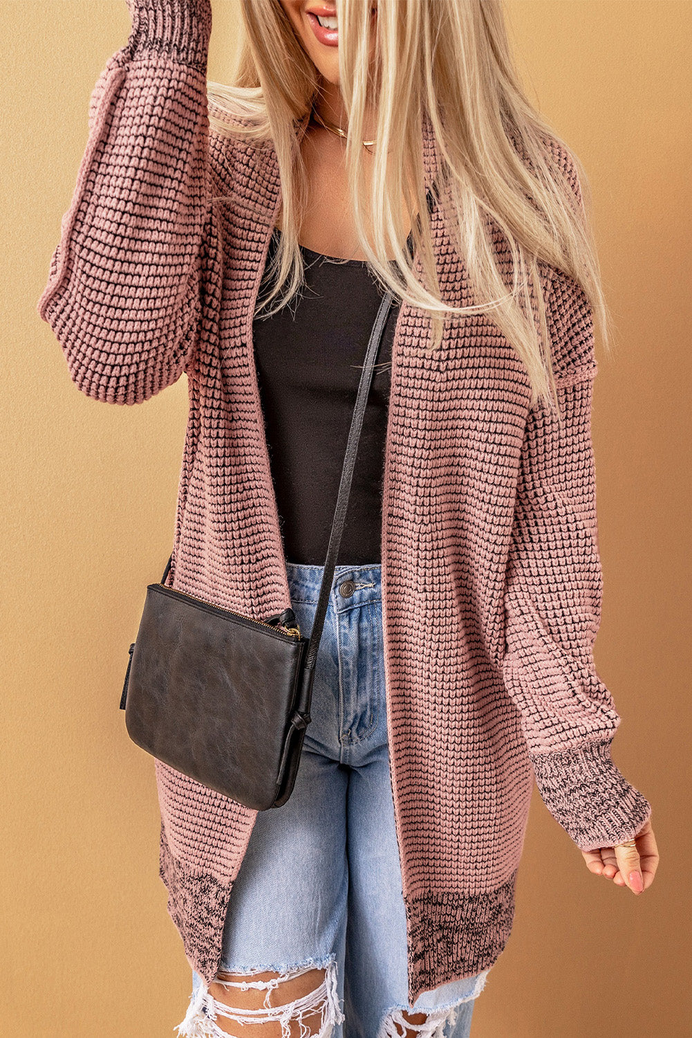 Grey Plaid Contrast Trim Casual Knit Cardigan