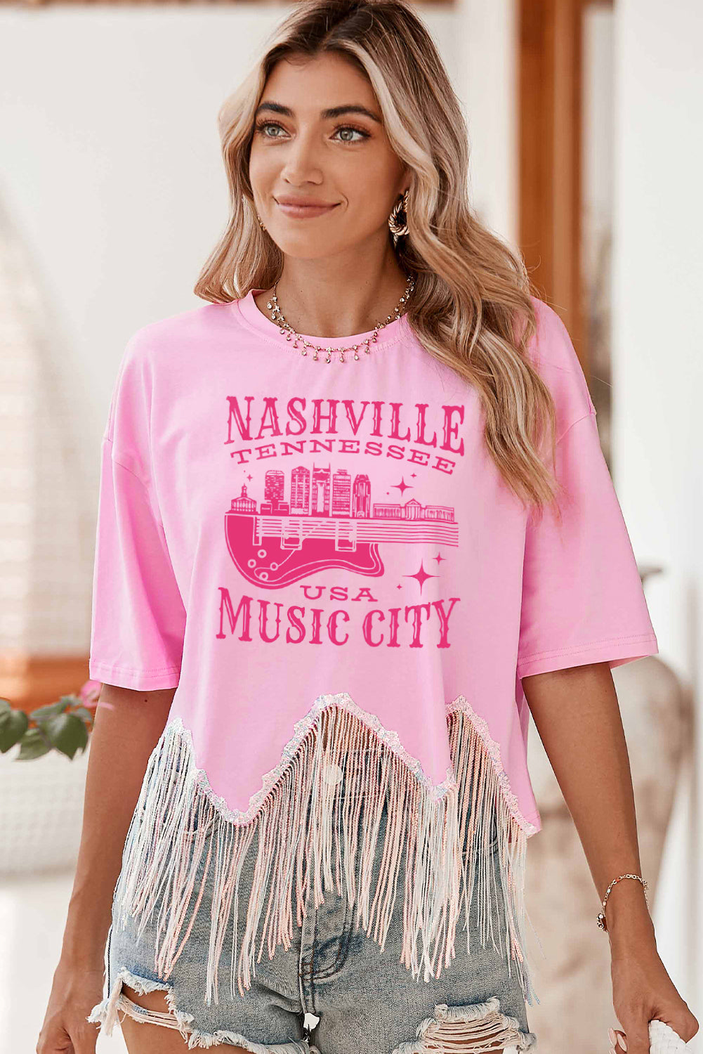 Pink NASHVILLE MUSIC CITY Graphic Sequin Fringed Hem Tee