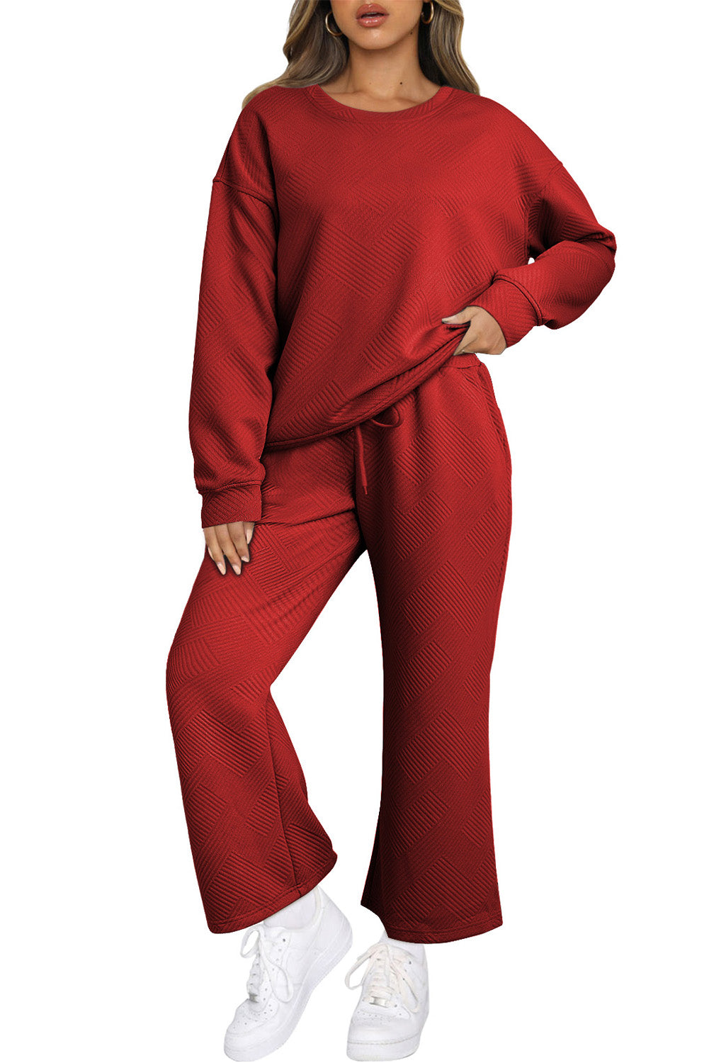 Red Dahlia Textured Loose Slouchy Long Sleeve Top and Pants Set