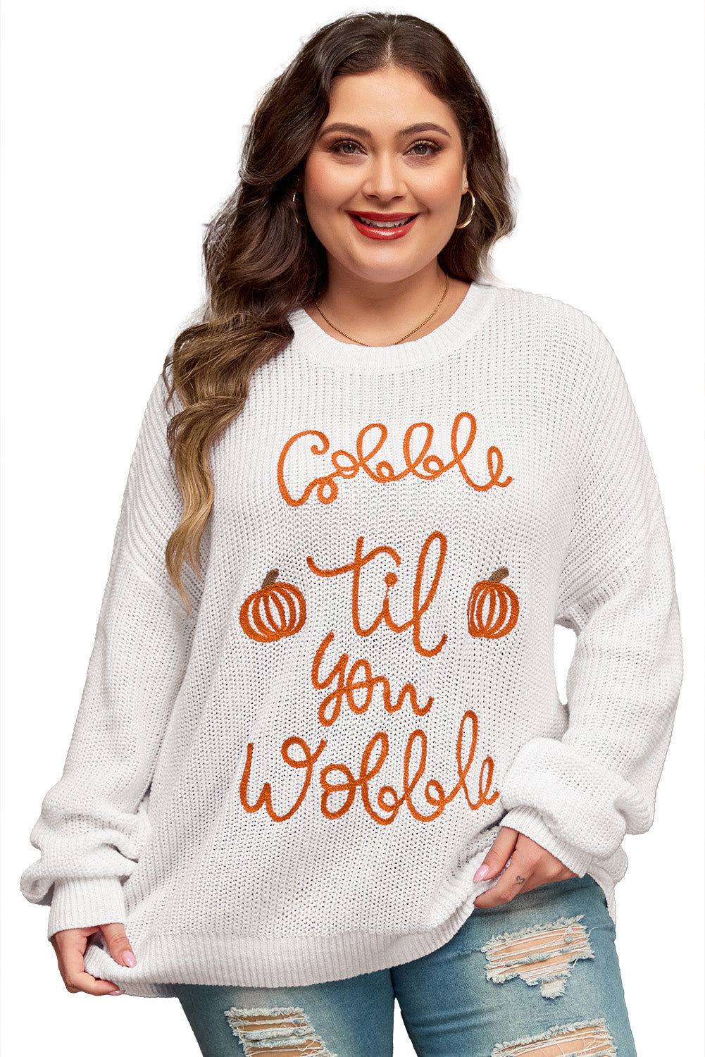 White Gobble Til You Wobble Pop Up Crochet Plus Size Sweater