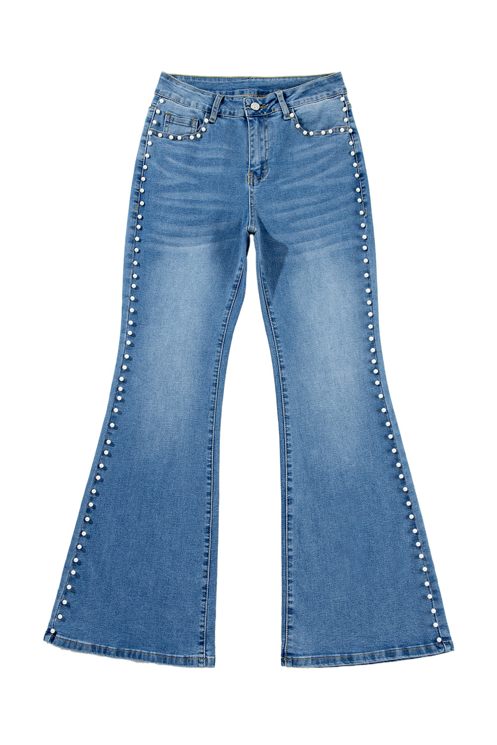 Dusk Blue Pearl Decor High Waist Flared Jeans