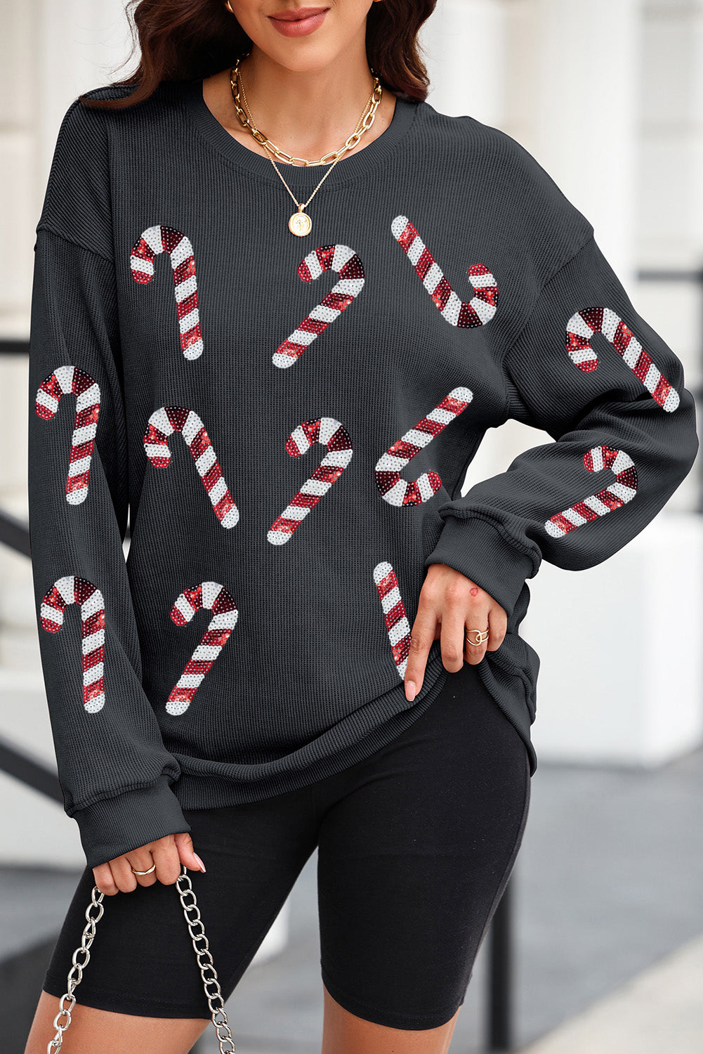 Khaki Xmas Candy Cane Shining Graphic Corded Sweatshirt