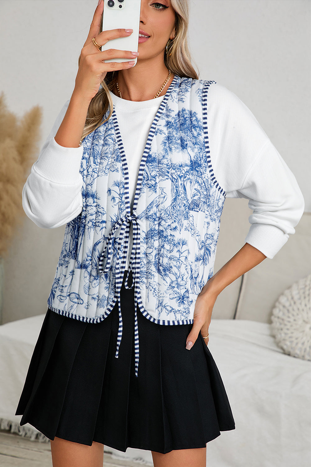 White Reversible Floral And Striped Boho Cardigan Vest