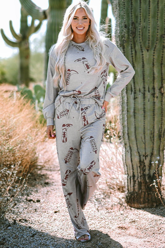 Cowgirl Boots Printed Long Sleeve  Lounge Set