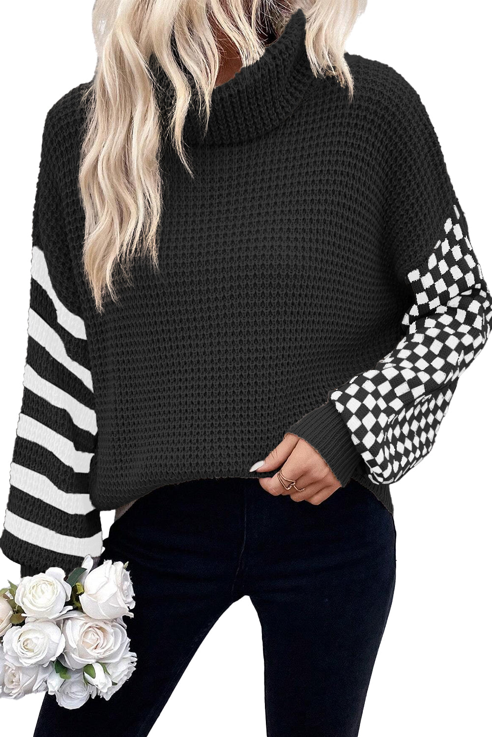 Smoke Gray Striped Plaid Patchwork Waffle Knit Turtleneck Sweater