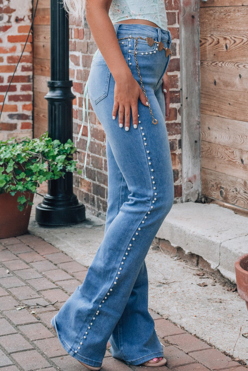 Dusk Blue Pearl Decor High Waist Flared Jeans