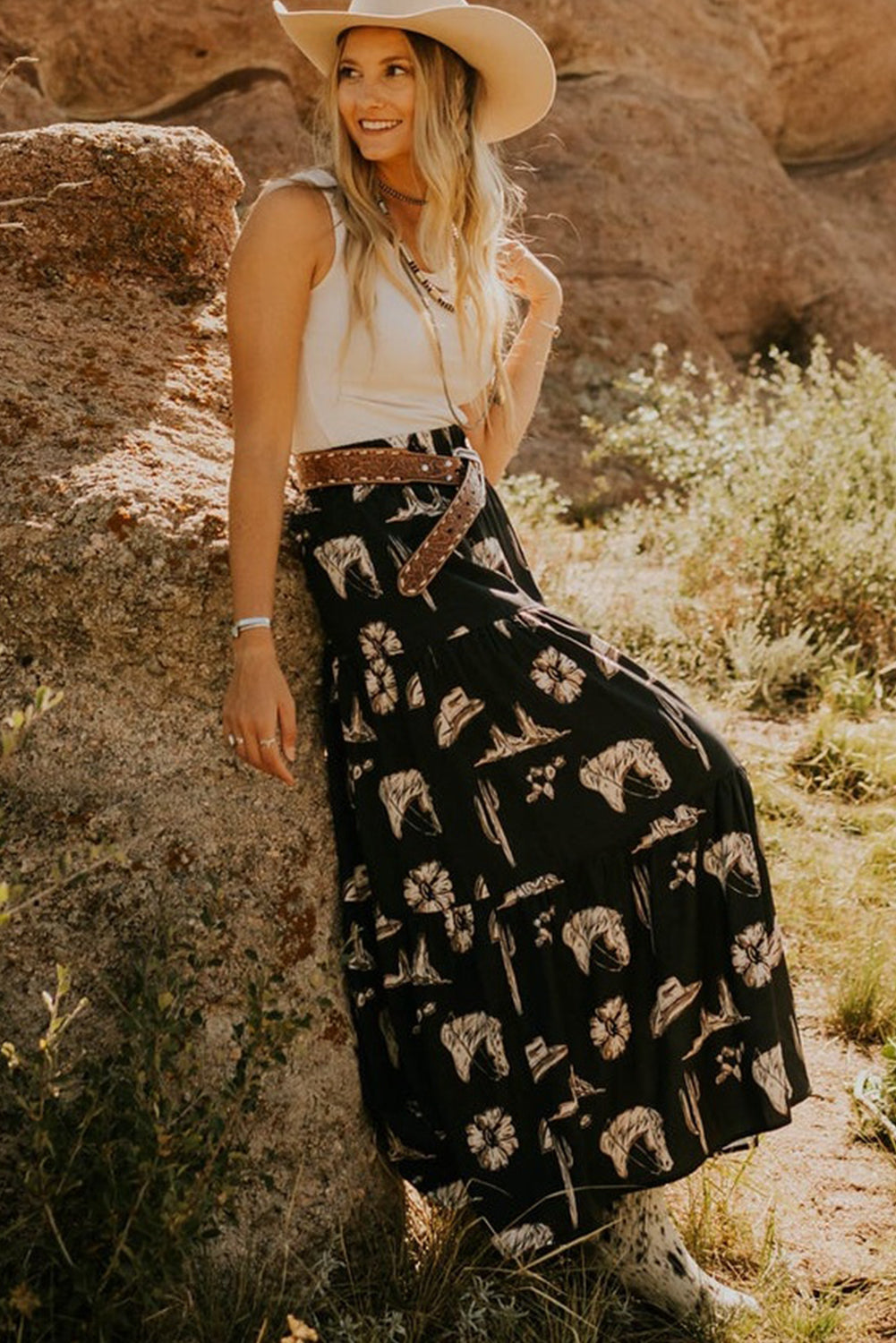 Black Western Print Ruffled High Waist Maxi Skirt