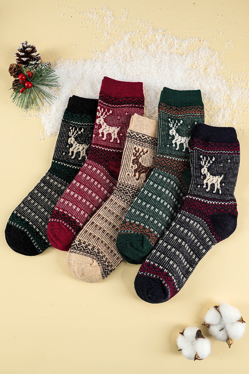 Blackish Green 5 Pairs Christmas Reindeer Soft Crew Socks