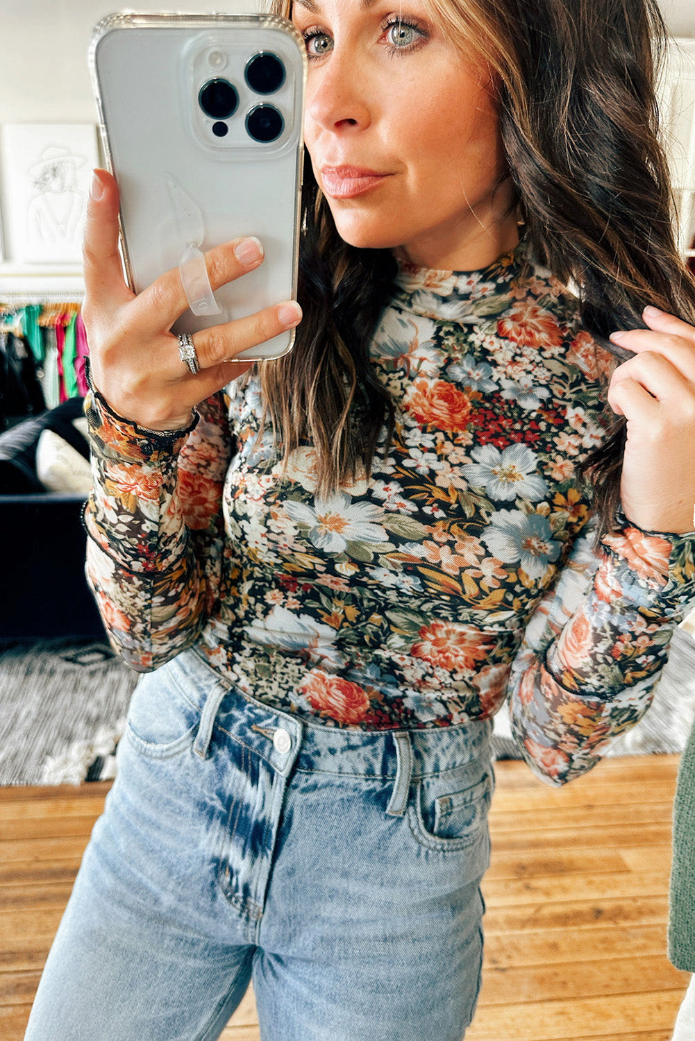 Floral Print Mesh Mock Neck Top