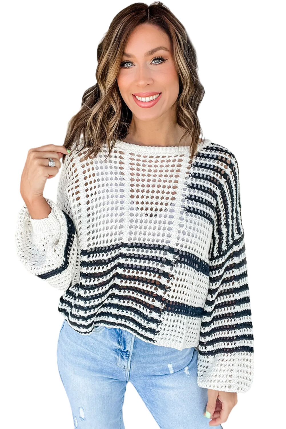 White Striped Lantern Sleeve Hollow Knitted Sweater