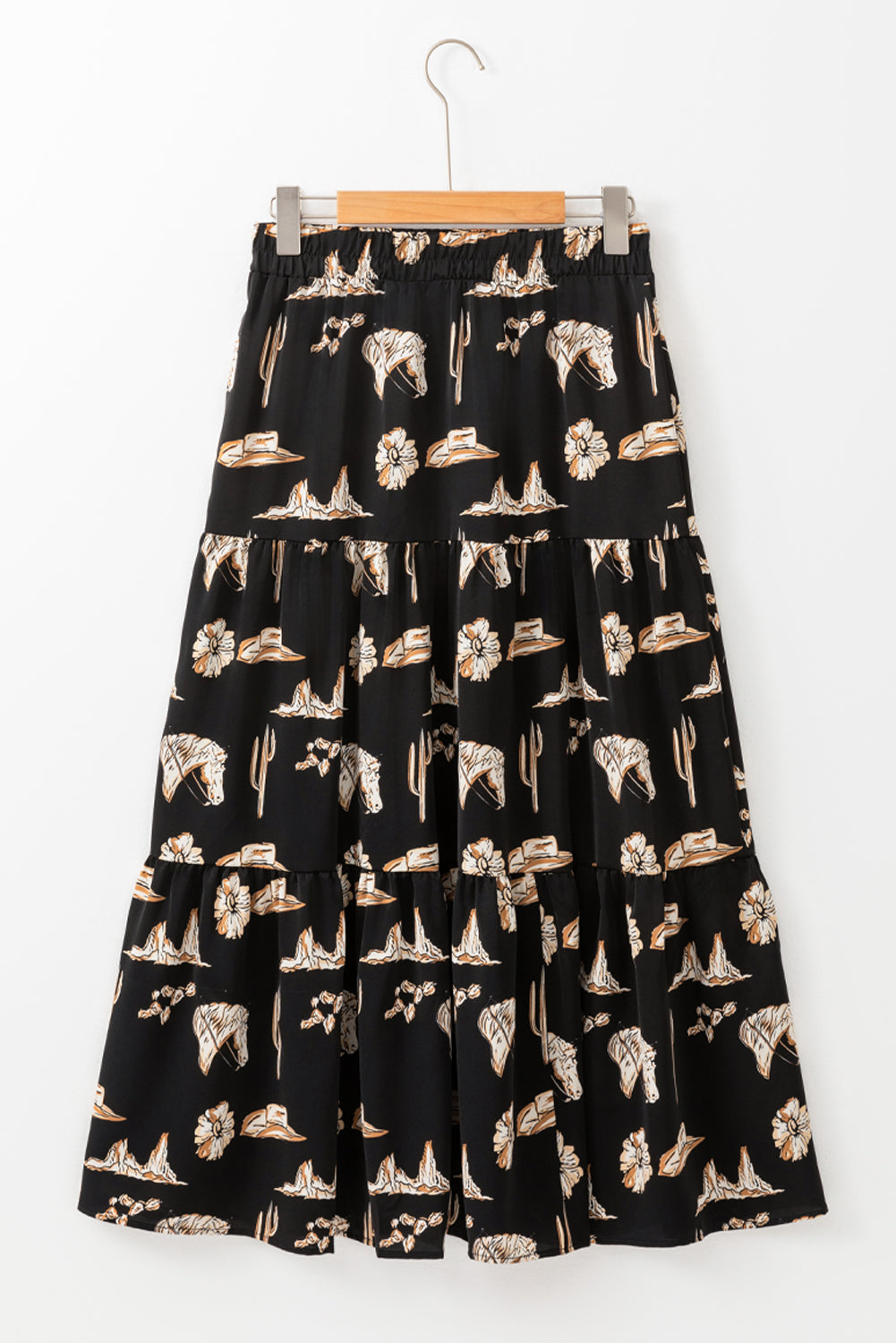 Black Western Print Ruffled High Waist Maxi Skirt