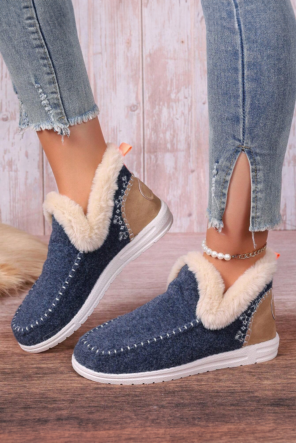 Beige Suede Stitching Patchwork Plush Lined Anklet Boots