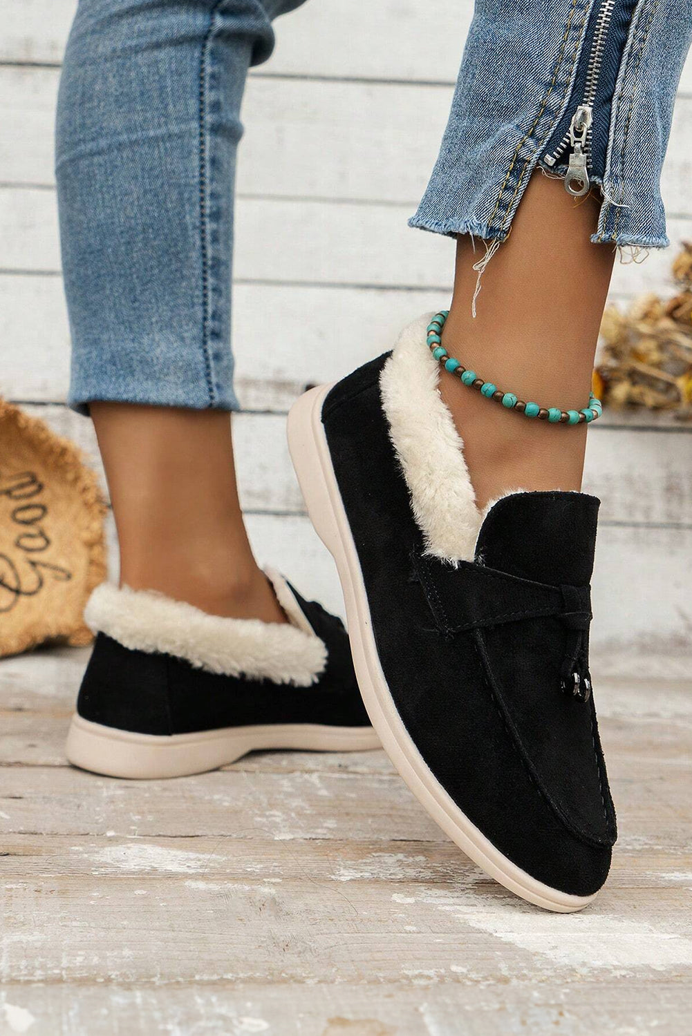 Chestnut Suede Furry Lined Slip On Flat Shoes