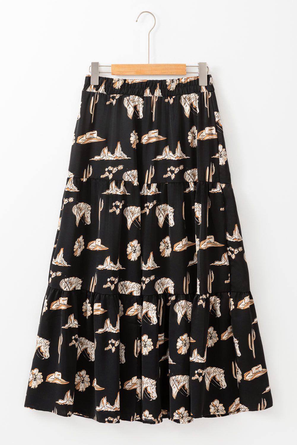 Black Western Print Ruffled High Waist Maxi Skirt