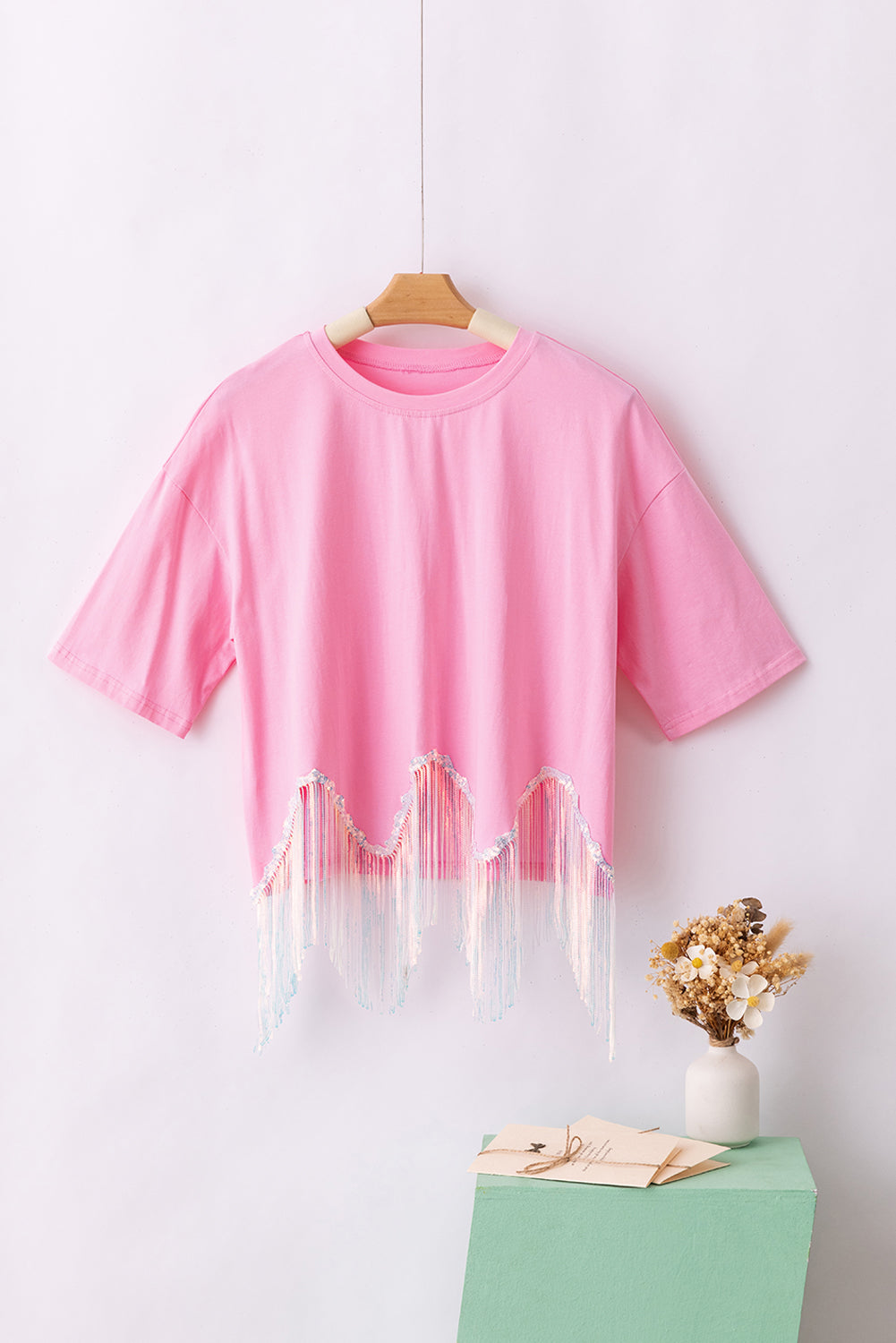 Pink Casual Fringe Sequin Hem Cropped T Shirt