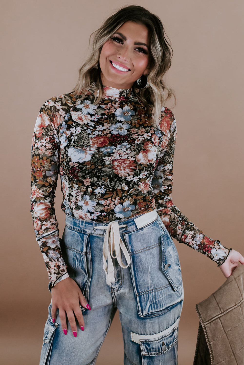 Floral Print Mesh Mock Neck Top