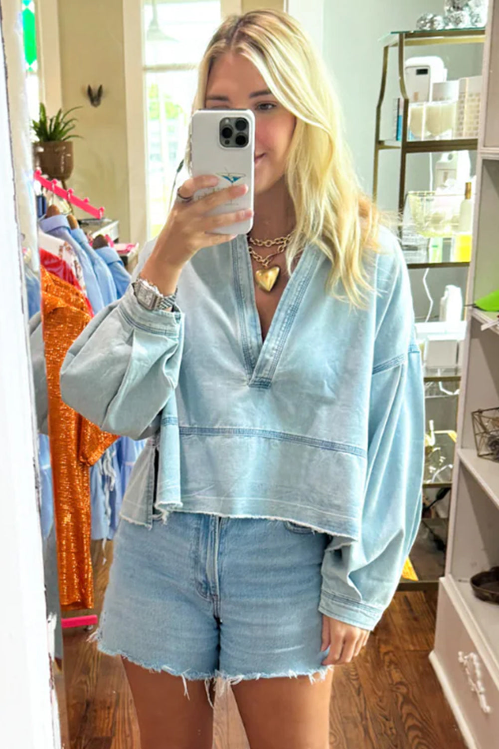 Beau Blue Light Wash Puff Sleeve V Neck Denim Blouse