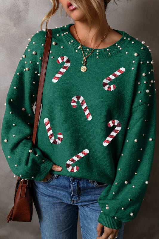 Evergreen Sequin Christmas Candy Cane Pearl Beaded Drop Sleeve Sweater