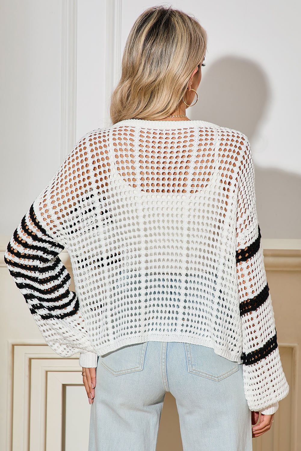 White Striped Lantern Sleeve Hollow Knitted Sweater