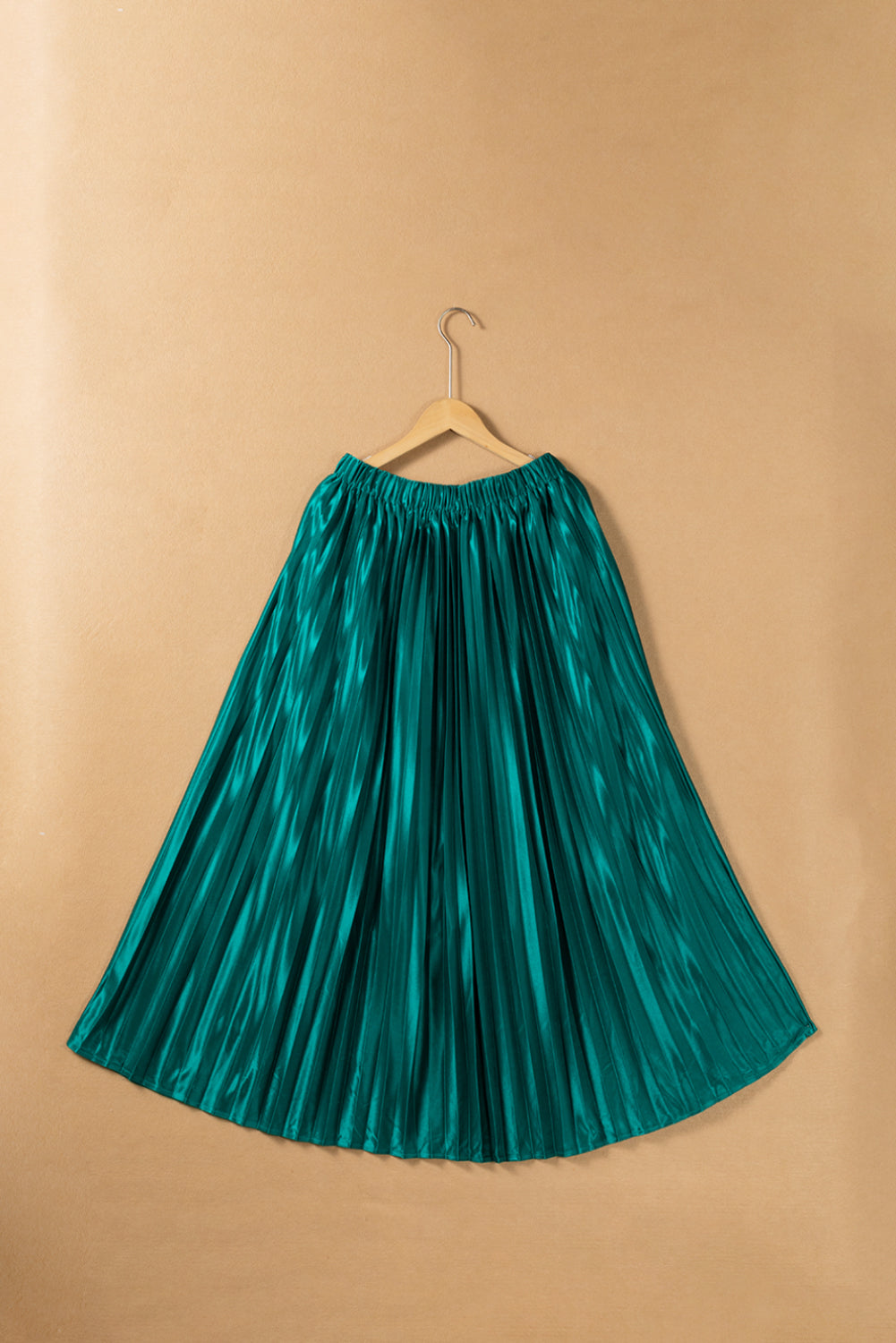 Dark Green Satin Pleated Maxi Skirt