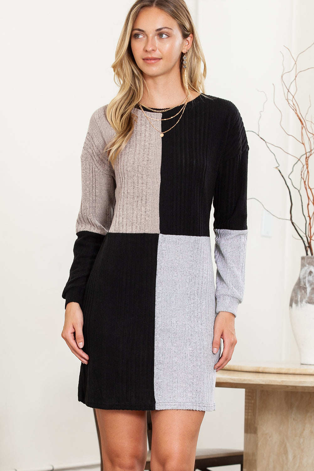 Black Ribbed Color Block Drop Shoulder Long Sleeve Mini Dress