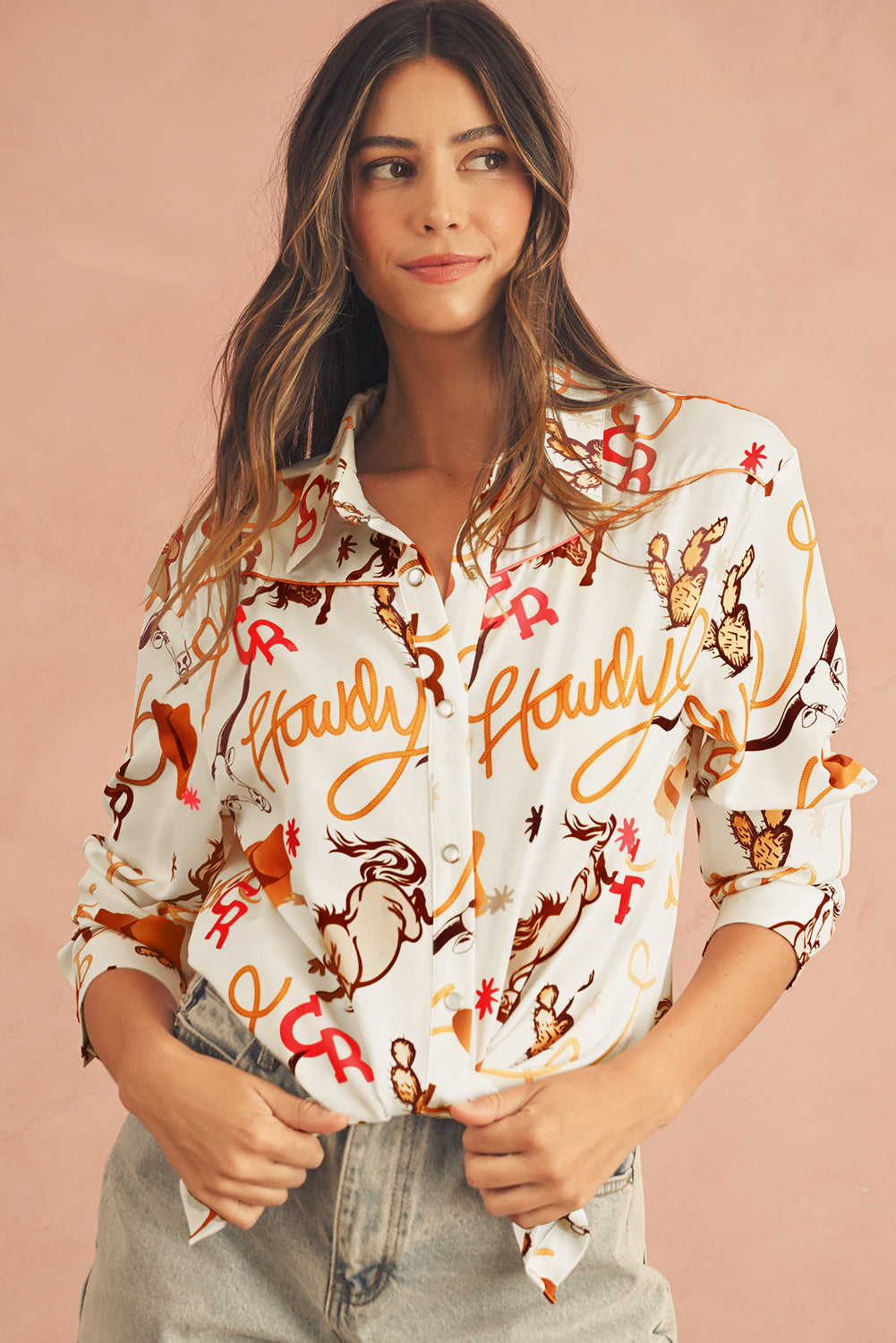 Beige Howdy Animal Pattern Button Up Shirt