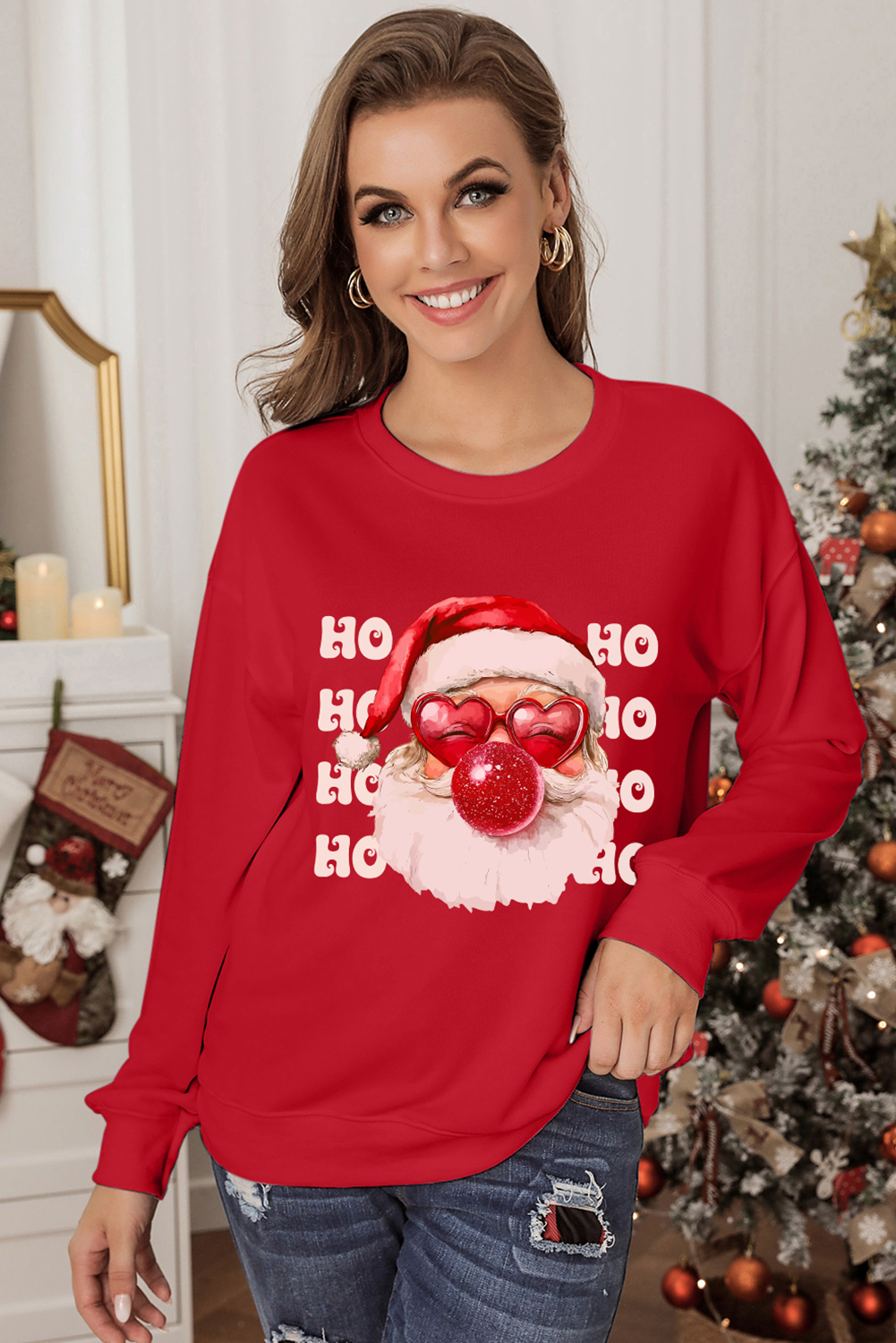 Red HO HO HO Bubble Nose Santa Claus Christmas Sweatshirt