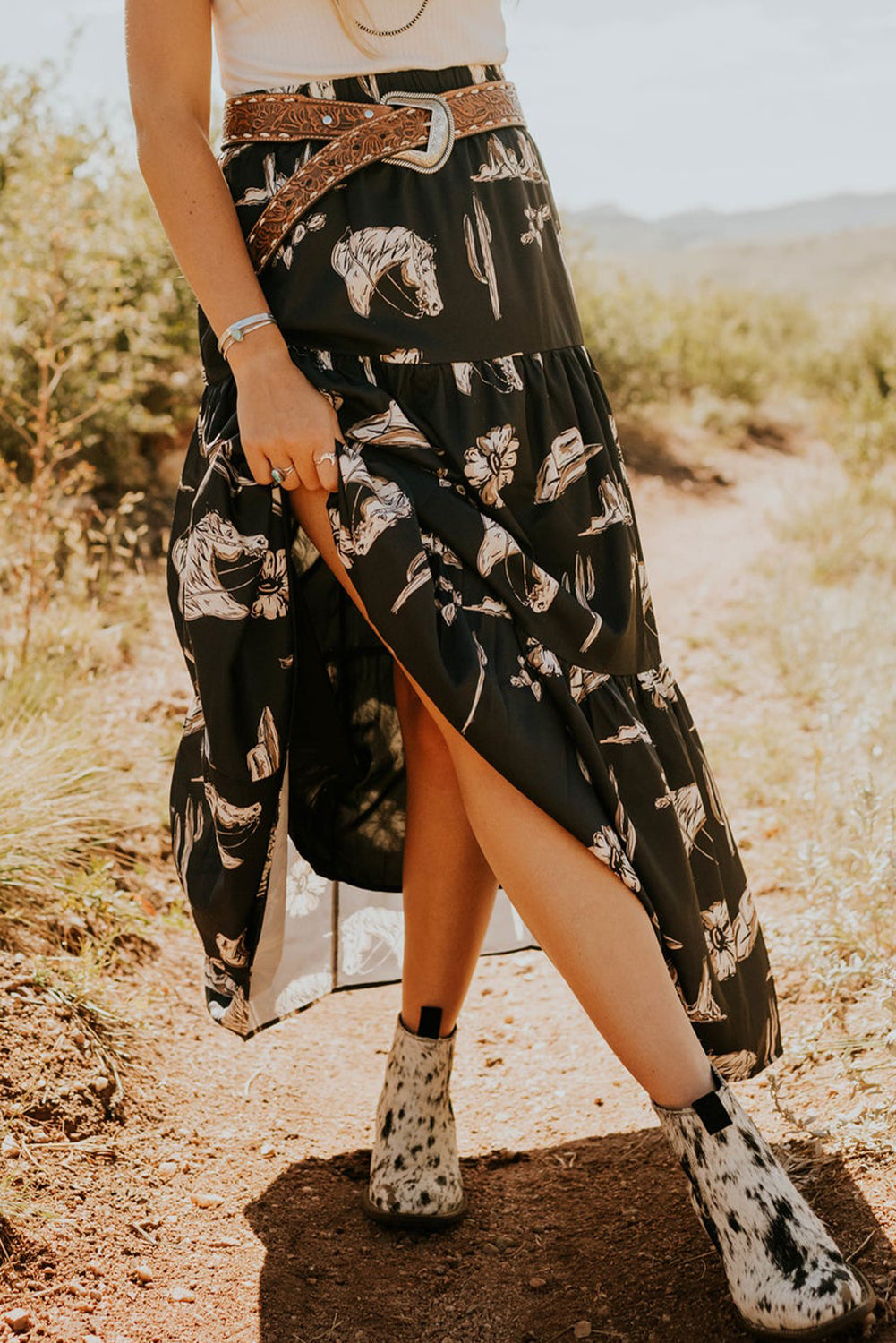 Black Western Print Ruffled High Waist Maxi Skirt