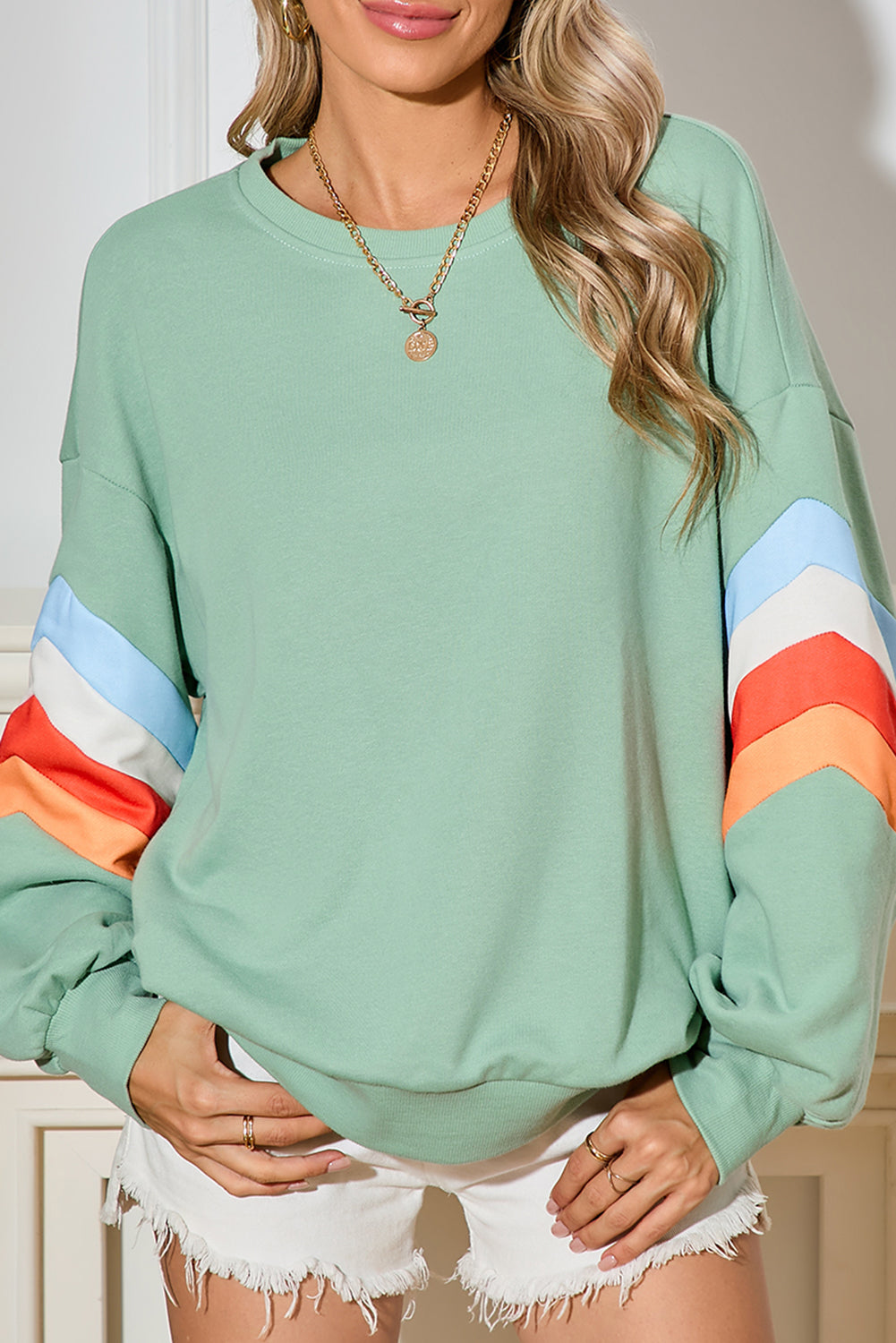 Moonlight Jade Patchwork Drop Sleeve Loose Sweatshirt