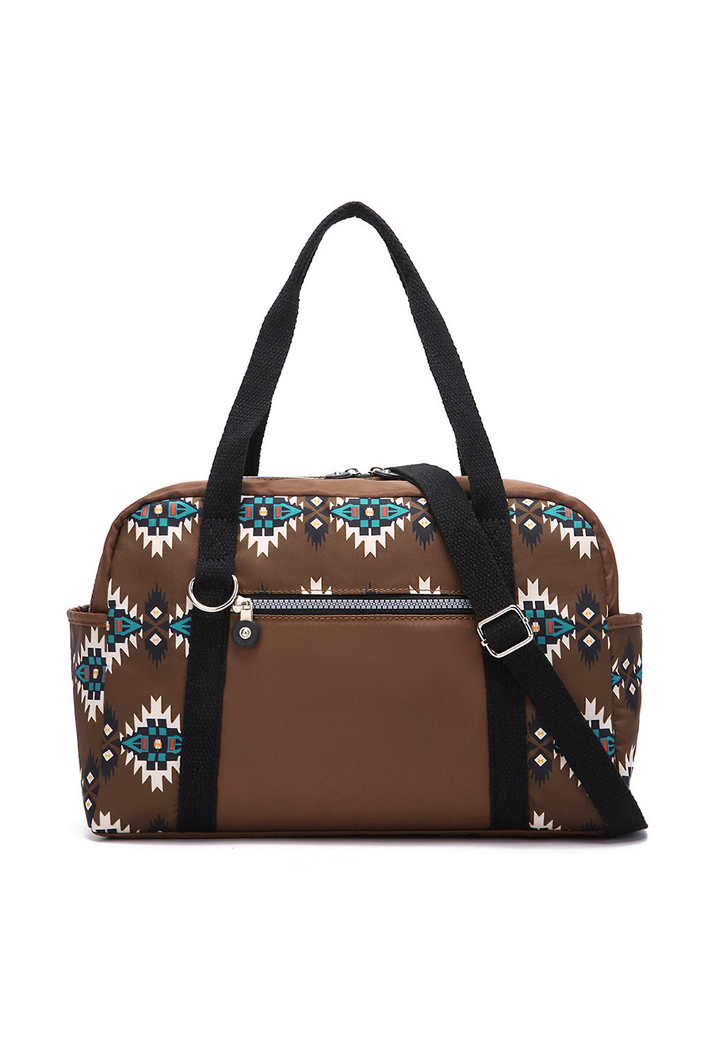 Coffee Geometric Print PU Leather Large Travel Duffel Bag