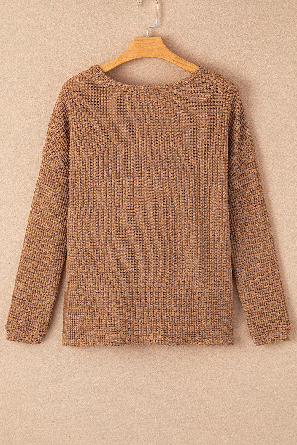 Green Waffle Knit Drop Shoulder Long Sleeve Top