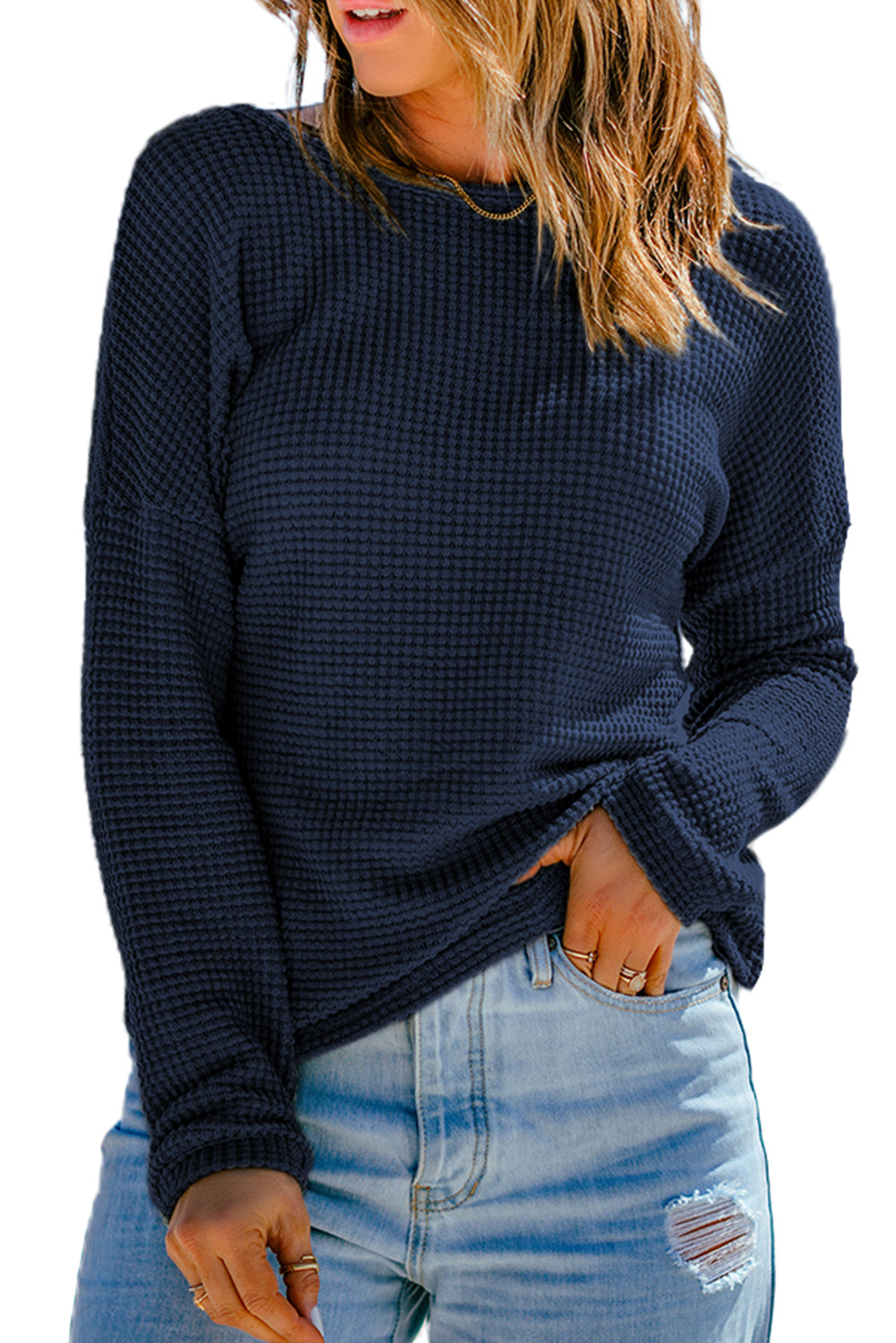 Green Waffle Knit Drop Shoulder Long Sleeve Top