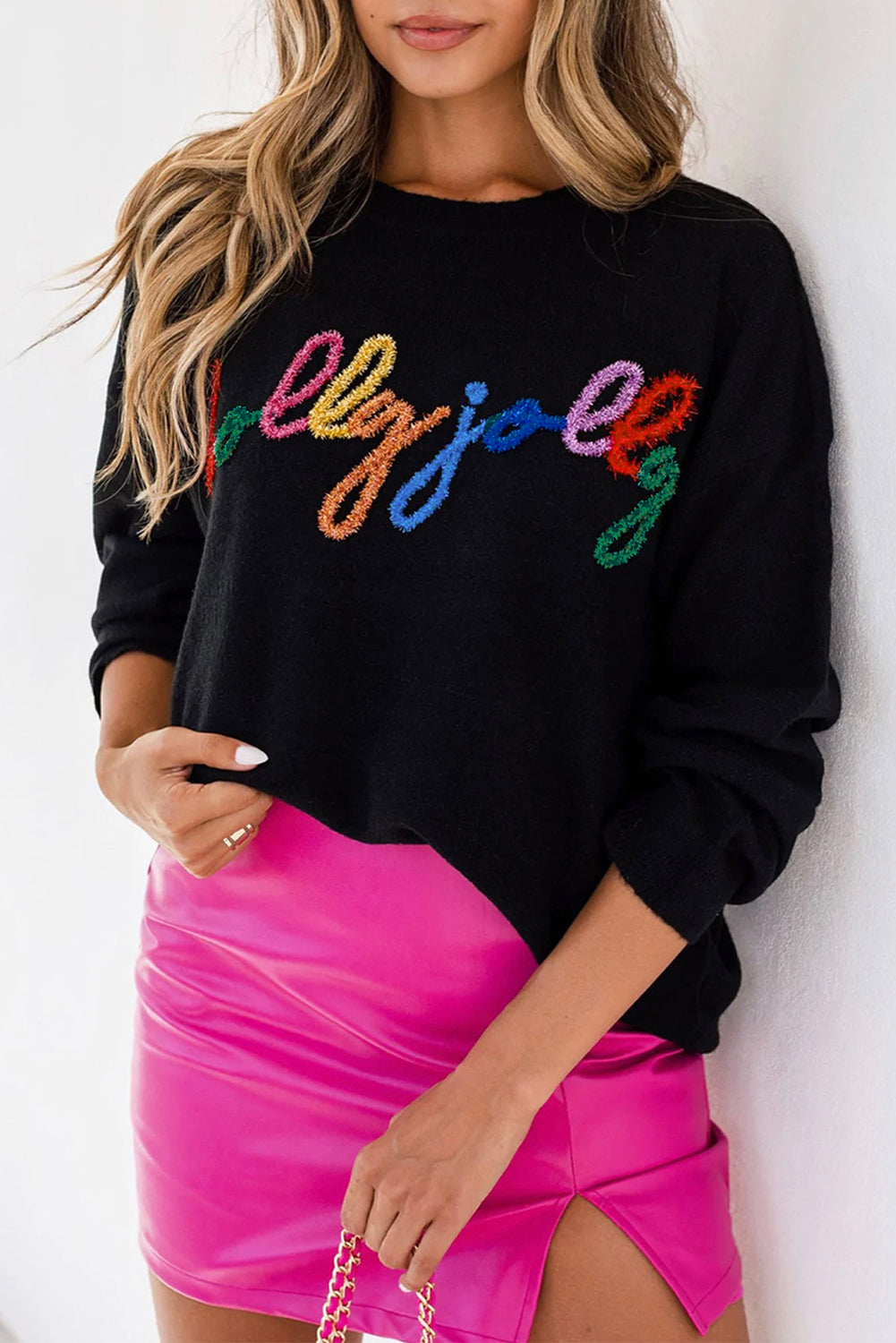 White Glitter Merry & Bright Round Neck Knit Sweater