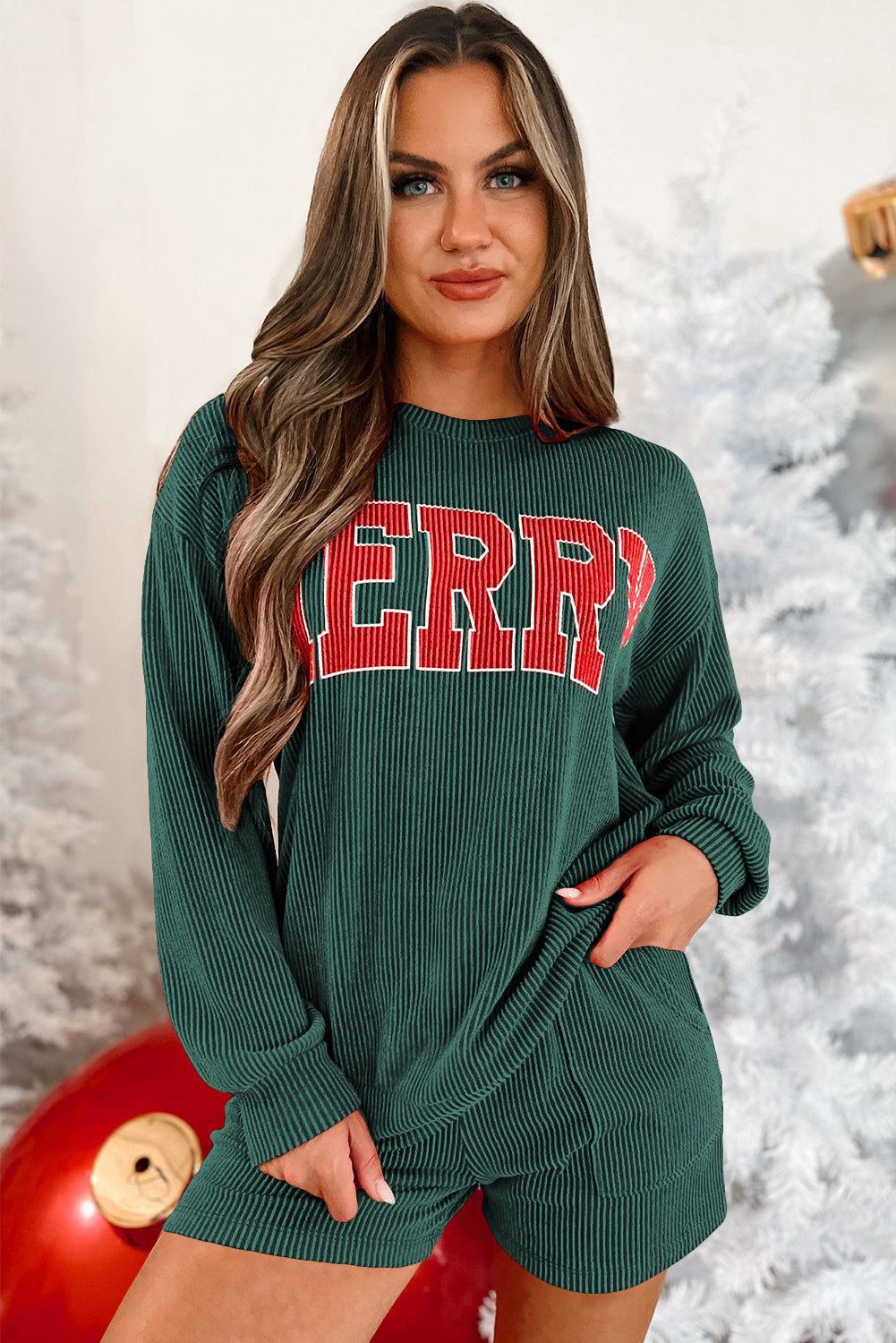 Evergreen Corded MERRY Long Sleeve Top and Shorts Pajama Set