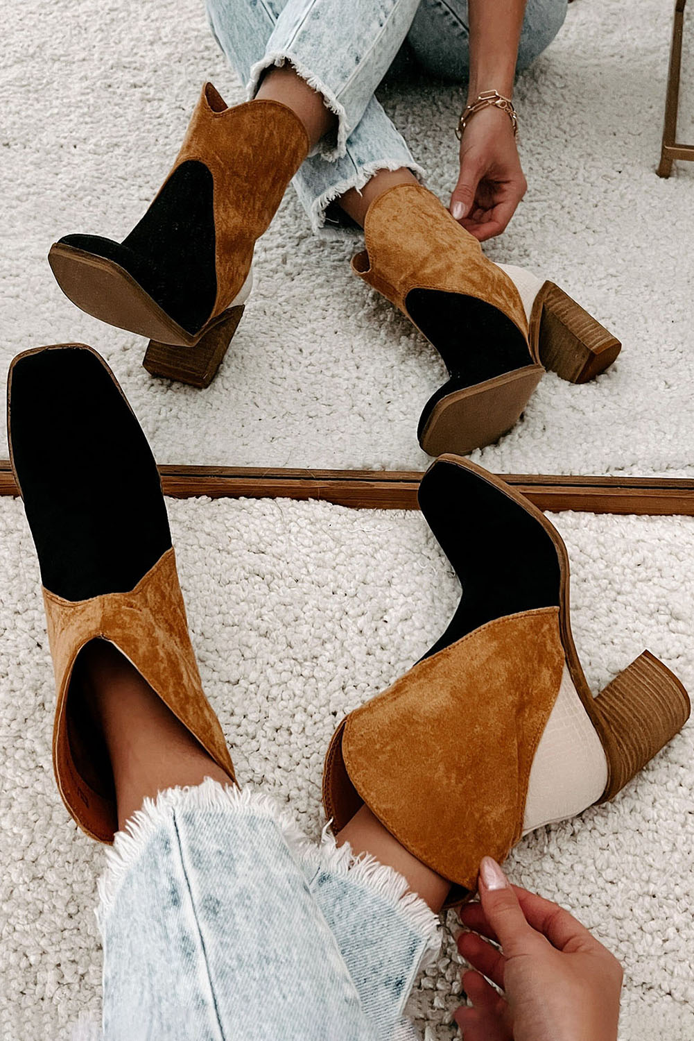 Chestnut Colorblock Suede Heeled Ankle Booties