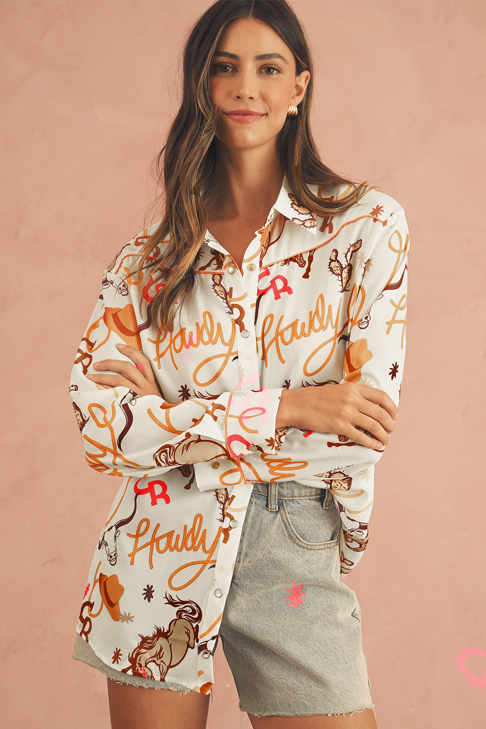 Beige Howdy Animal Pattern Button Up Shirt