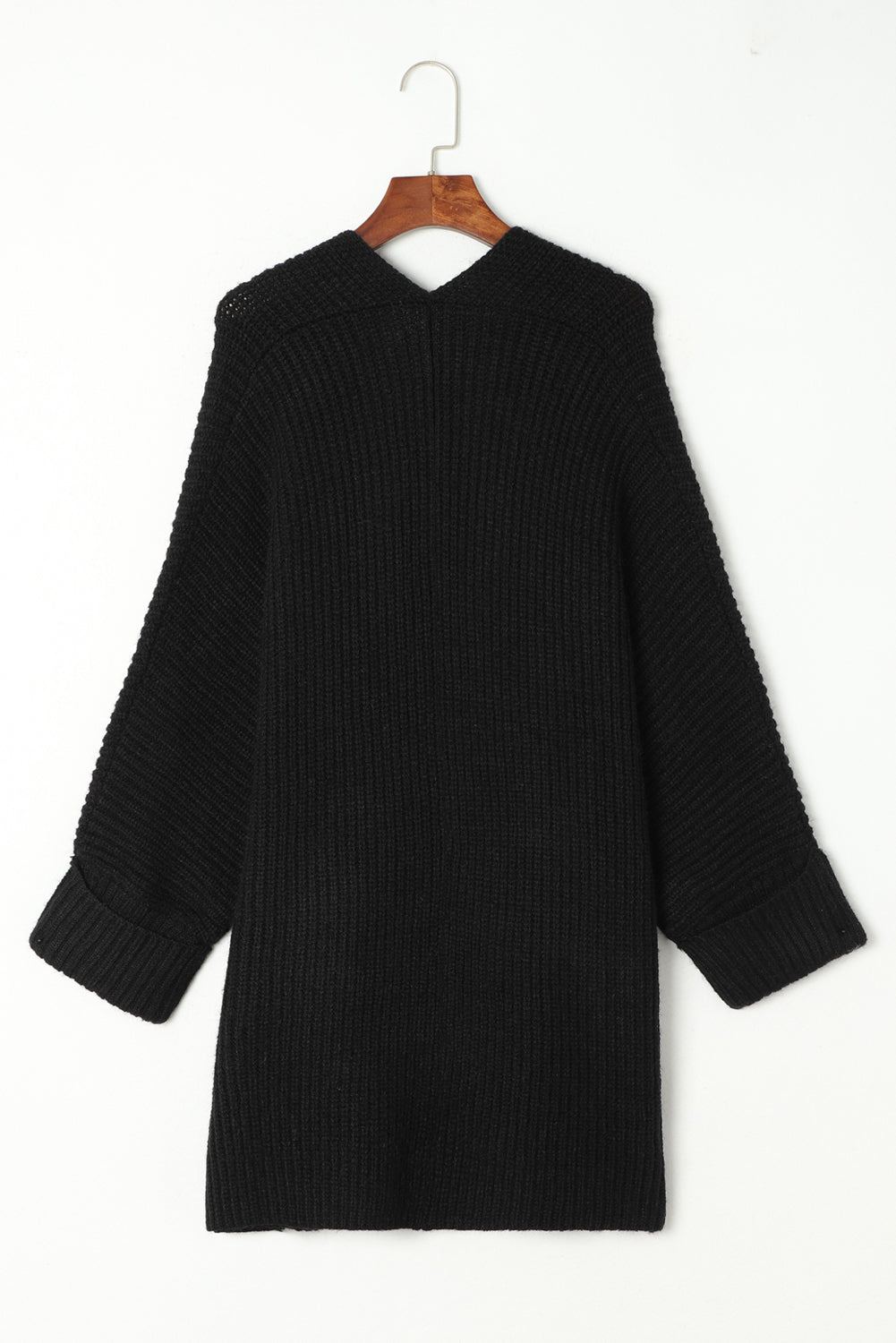 Black Batwing Sleeve Pocket Oversized Cable Knit Cardigan