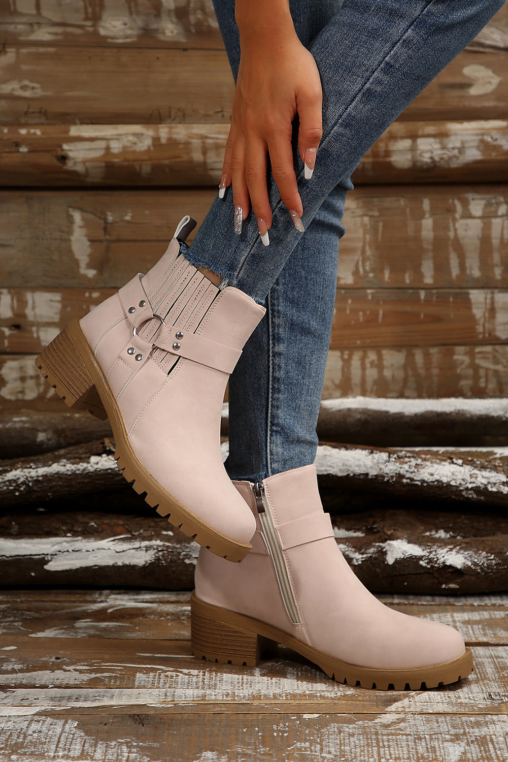 Beige Ring Linked Zipper Chunky Heel Ankle Boots