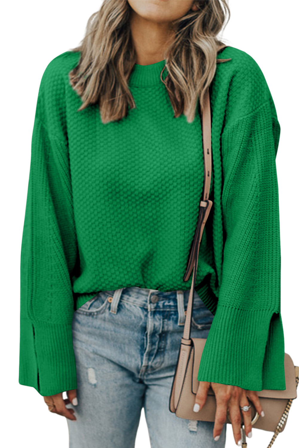 Dark Green Textured Knit Drop Shoulder Sweater