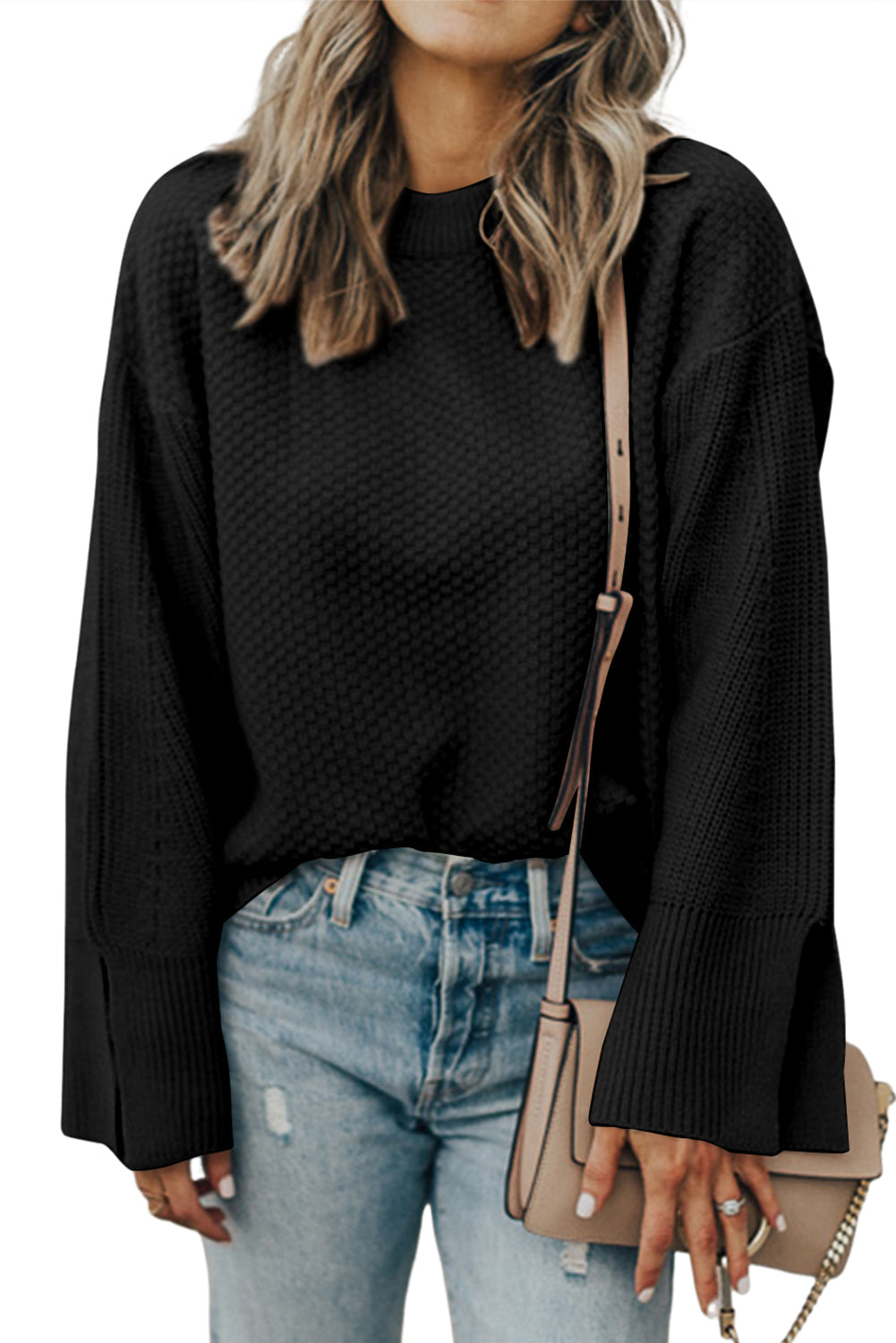 Dark Green Textured Knit Drop Shoulder Sweater