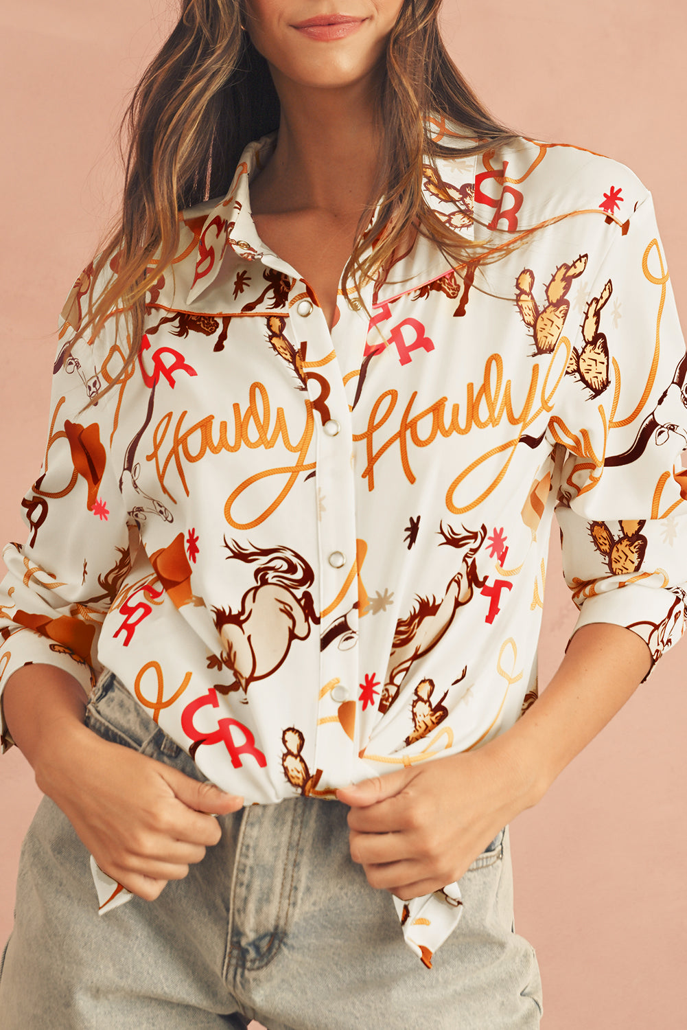 Beige Howdy Animal Pattern Button Up Shirt