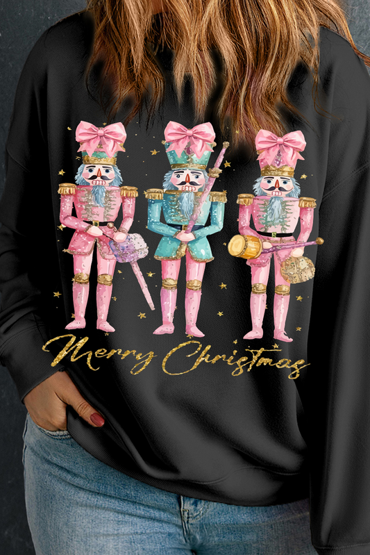 Black Nutcracker Merry Christmas Printed Drop Shoulder Plus Size Sweatshirt