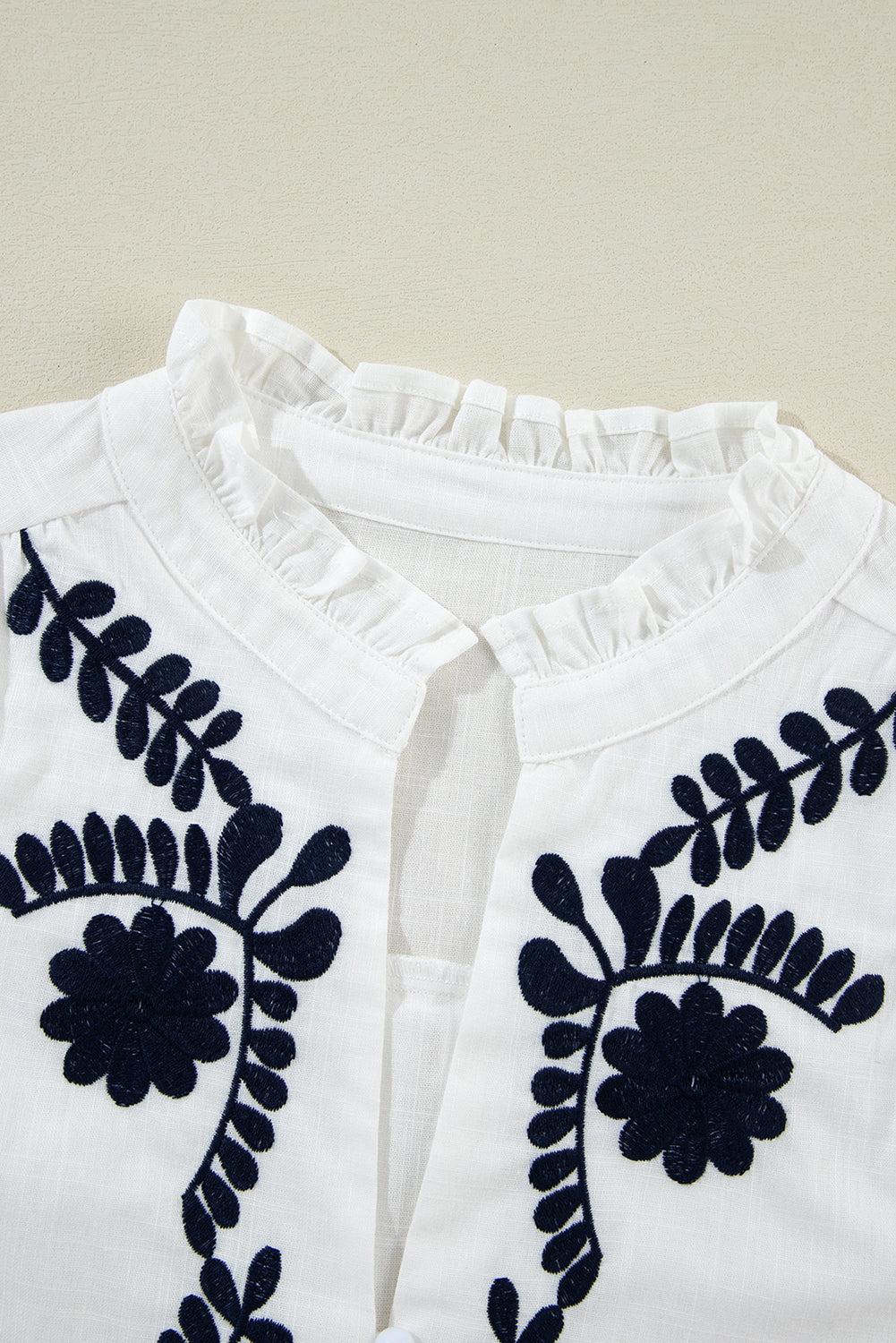 White Floral Embroidered Smocked Cuffs Boho Shirt