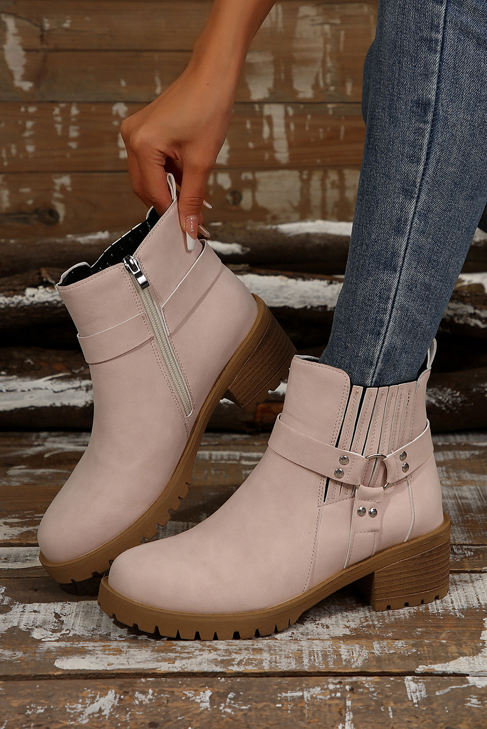 Beige Ring Linked Zipper Chunky Heel Ankle Boots